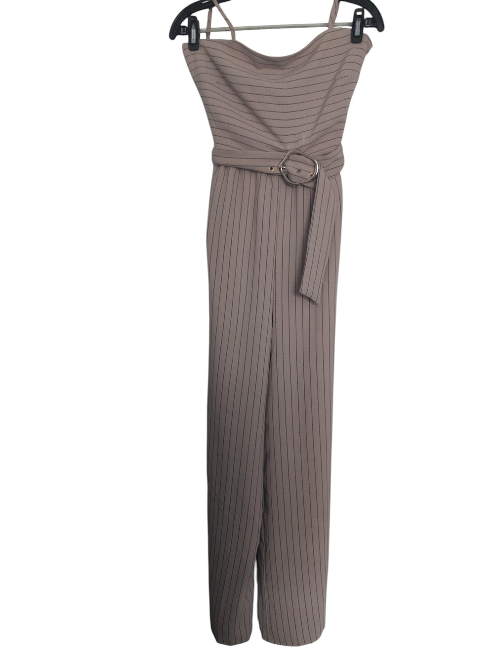 Inspired Hearts Taupe Pinstripe Strapless Belted Jumpsuit